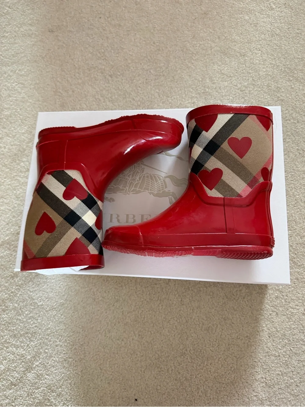 Burberry Kids Red Plaid Heart Rain Boots